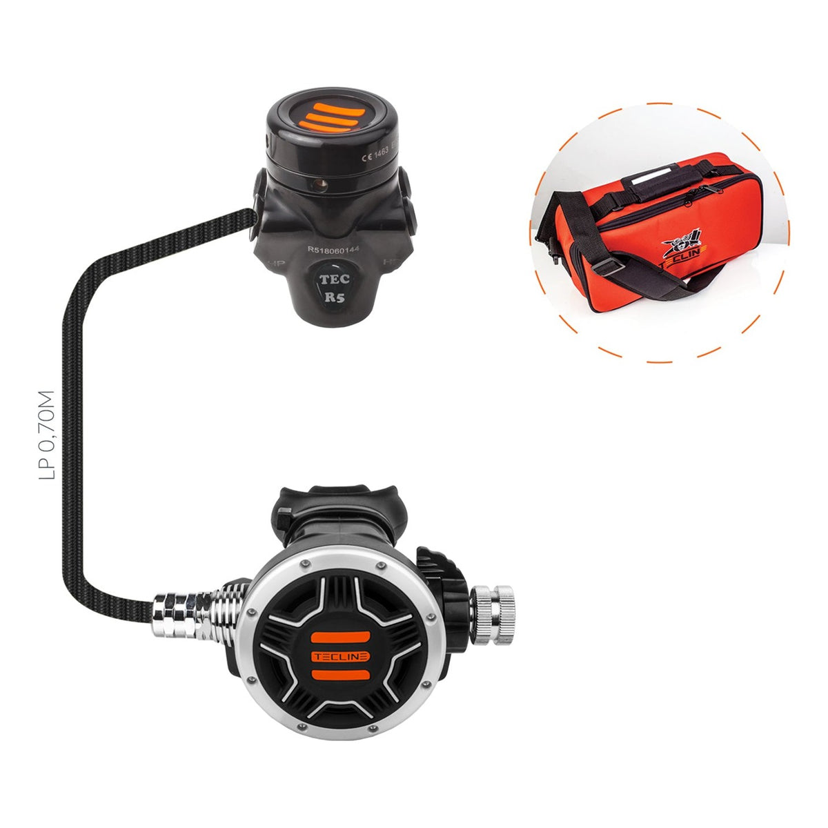 Tecline R5 TEC1 regulator: black chrome R5 TEC first stage, TEC1 second stage and red bag
