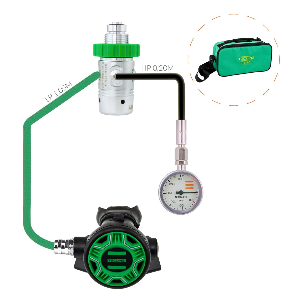 Tecline R1 REC1 100% O2 stage set with green REC1 second stage and green bag