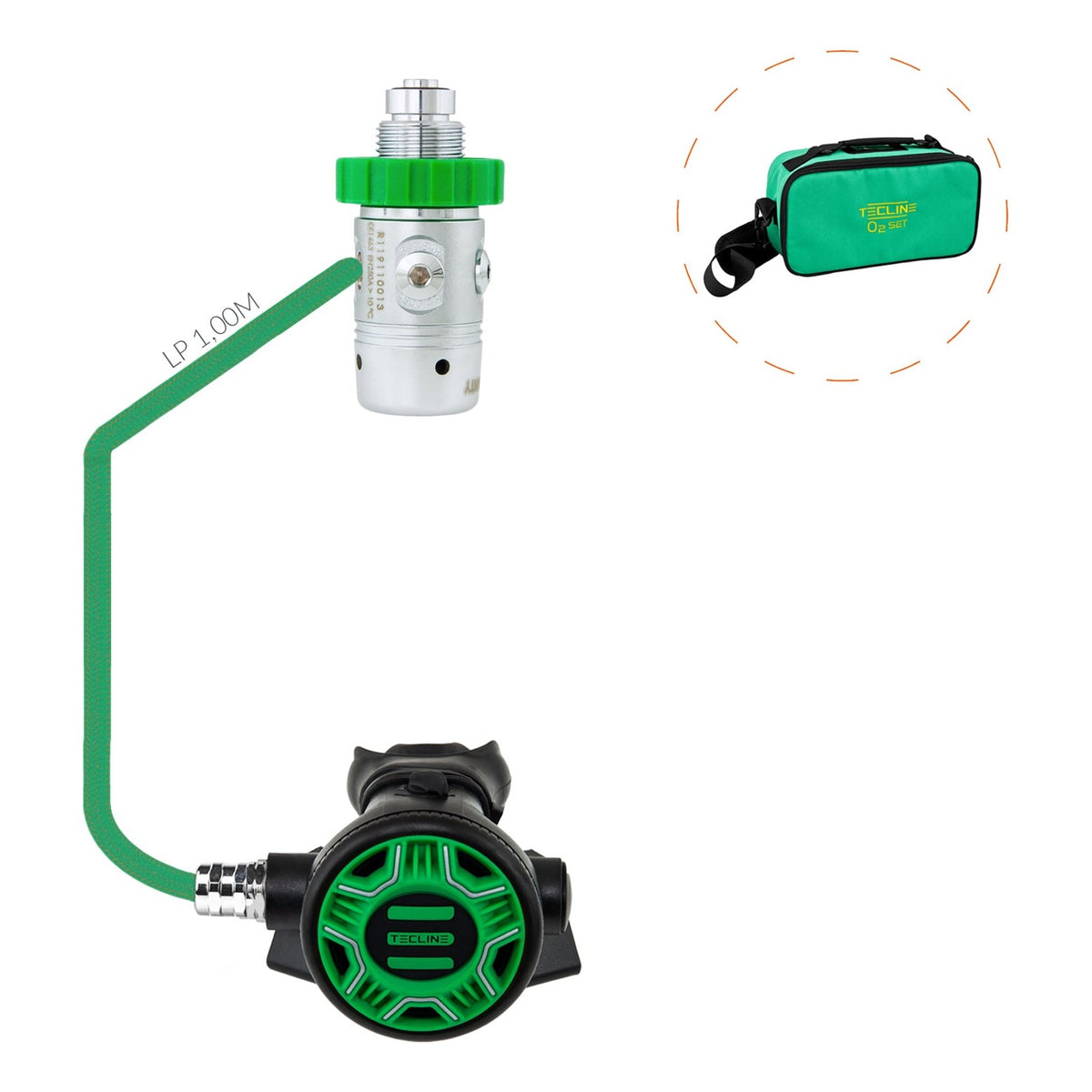 Tecline R1 REC1 100% O2 stage set with green REC1 second stage and green bag