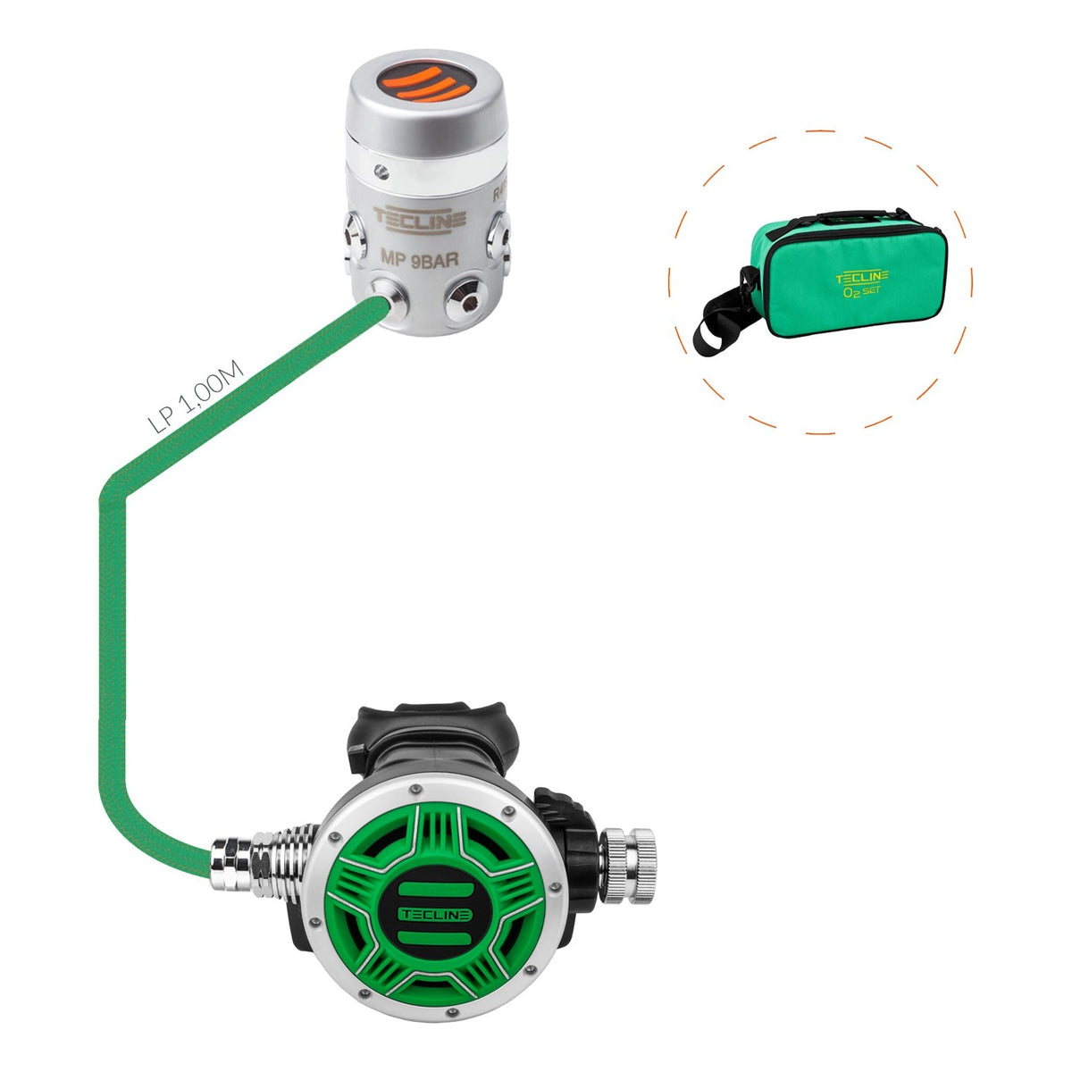 Tecline R4 TEC1 100% O2 stage set with green TEC1 second stage and green bag