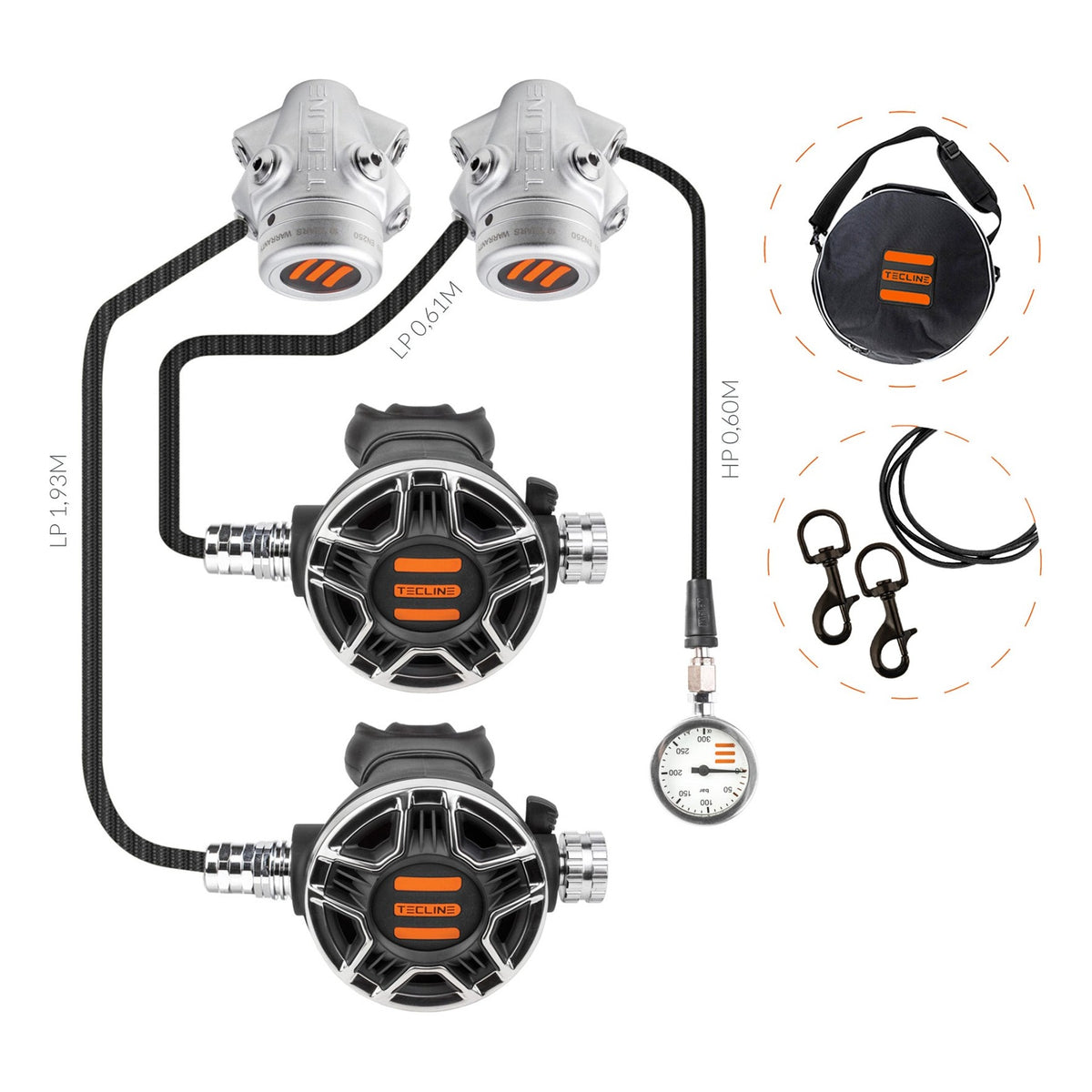 Tecline V1 ICE TEC2 SemiTec II set with two first stages, pressure gauge and bolt snaps