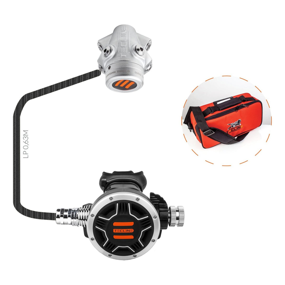 Tecline V1 ICE TEC1 regulator: V1 ICE first stage, black TEC1 second stage and red bag