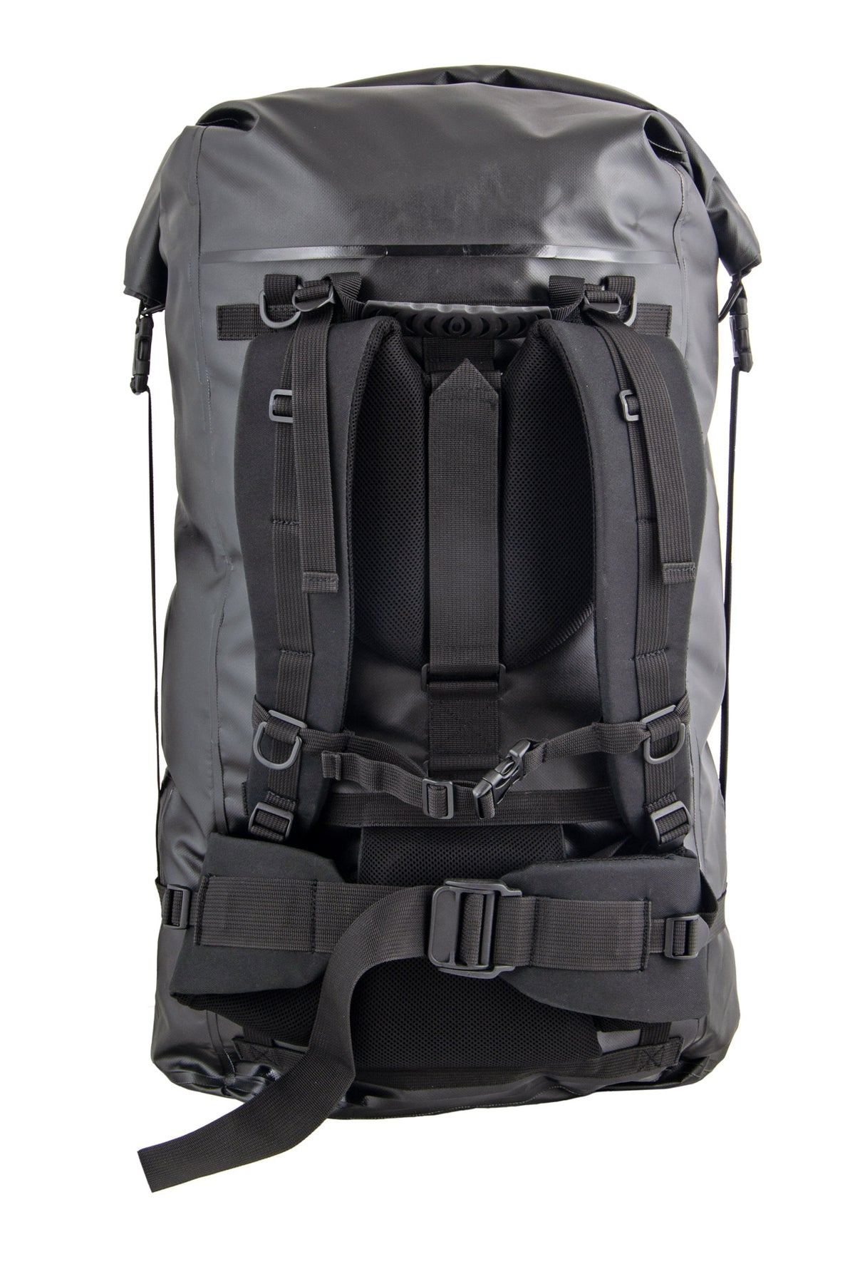 Tecline S-Tech Extream 100 L backpack in black, front view with roll-top closed
