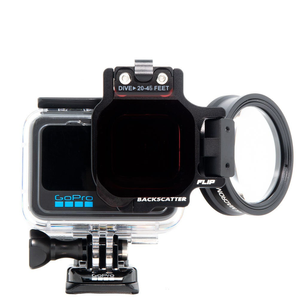 Backscatter FLIP13 Pro Package with the +15 MacroMate Mini lens over a GoPro port
