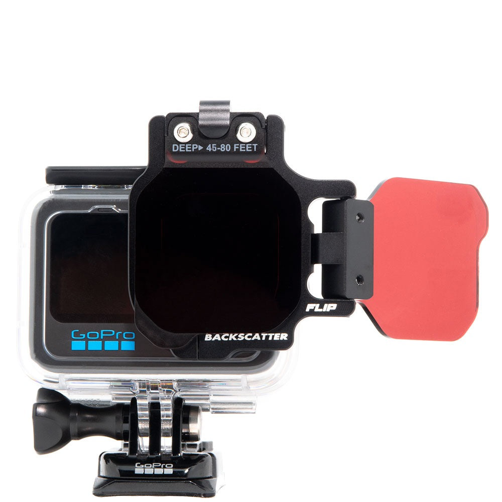 Backscatter FLIP13 frame on a GoPro housing with the DIVE+ filter flipped down