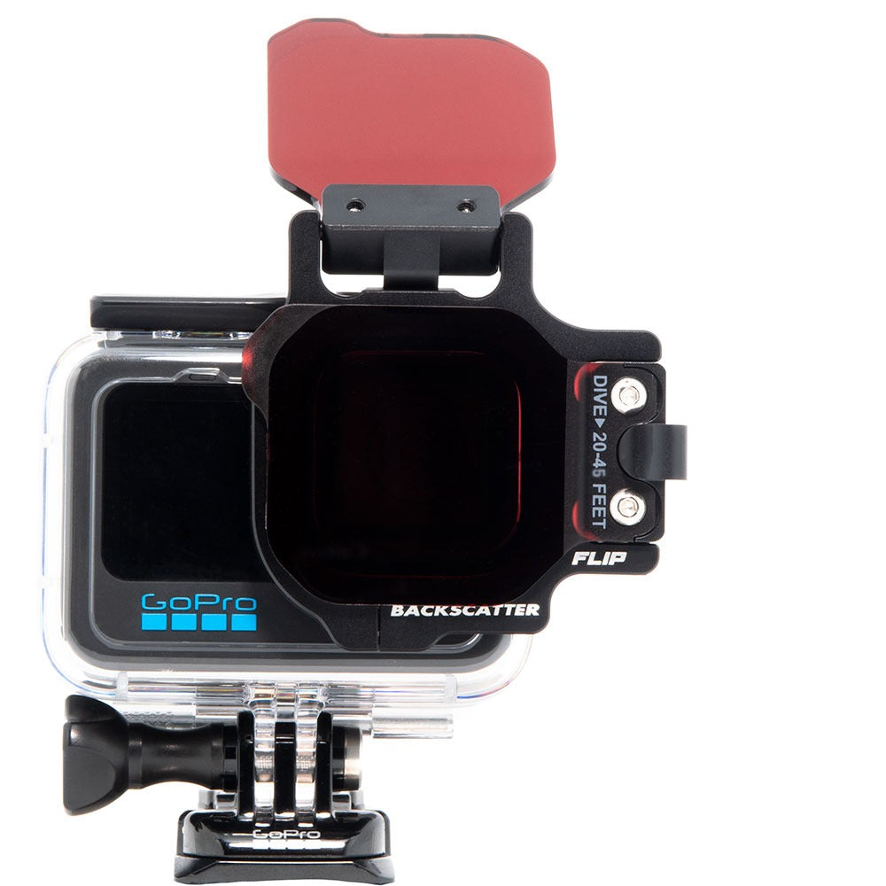 Backscatter FLIP13 frame on a GoPro housing with the DIVE+ filter flipped down