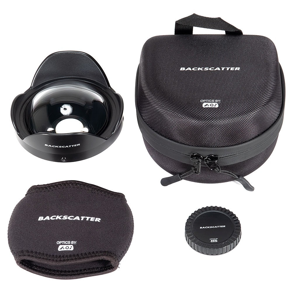 Backscatter M52 Wide Angle Wet Lens with its petal shade, angled view