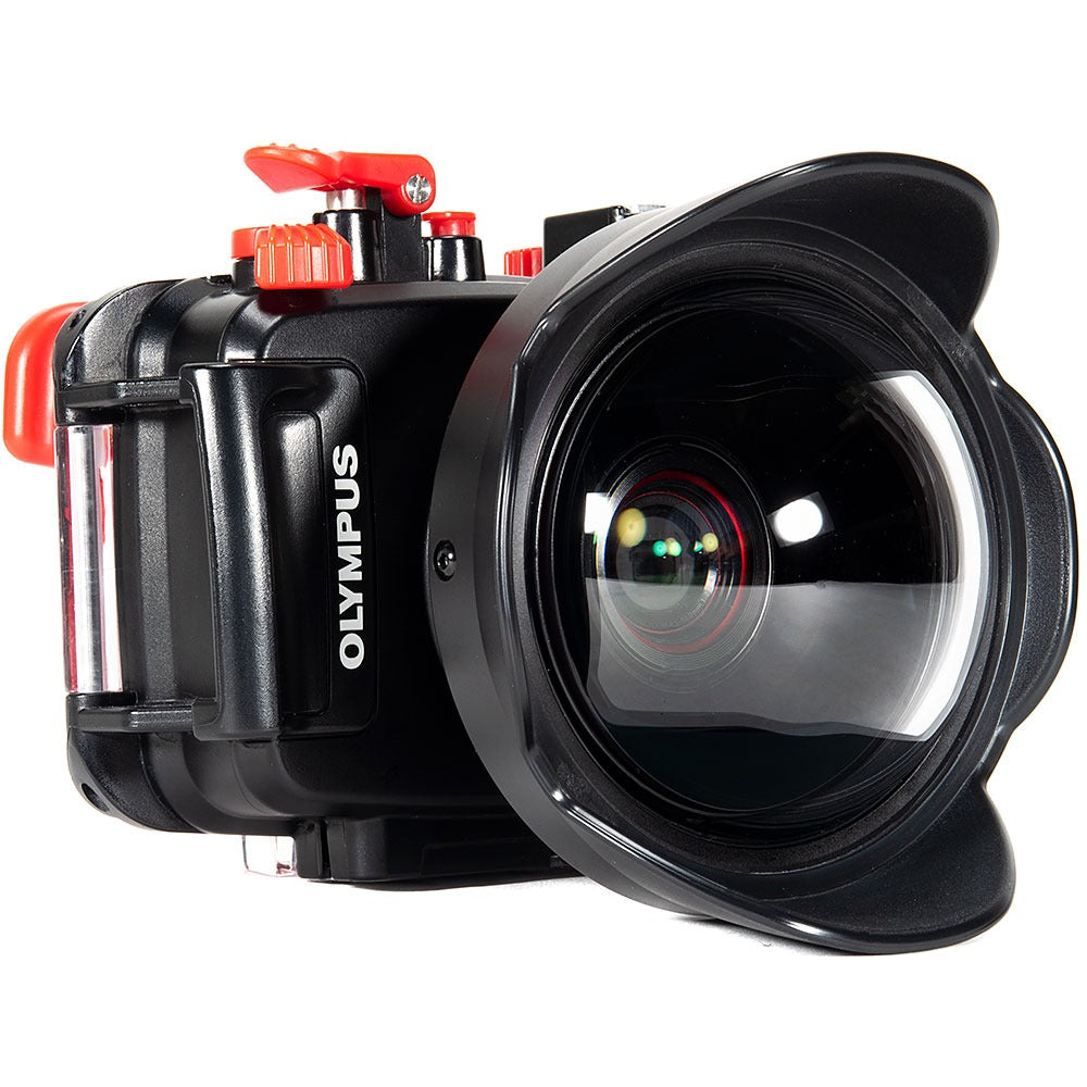 Backscatter M52 Wide Angle Wet Lens with its petal shade, angled view