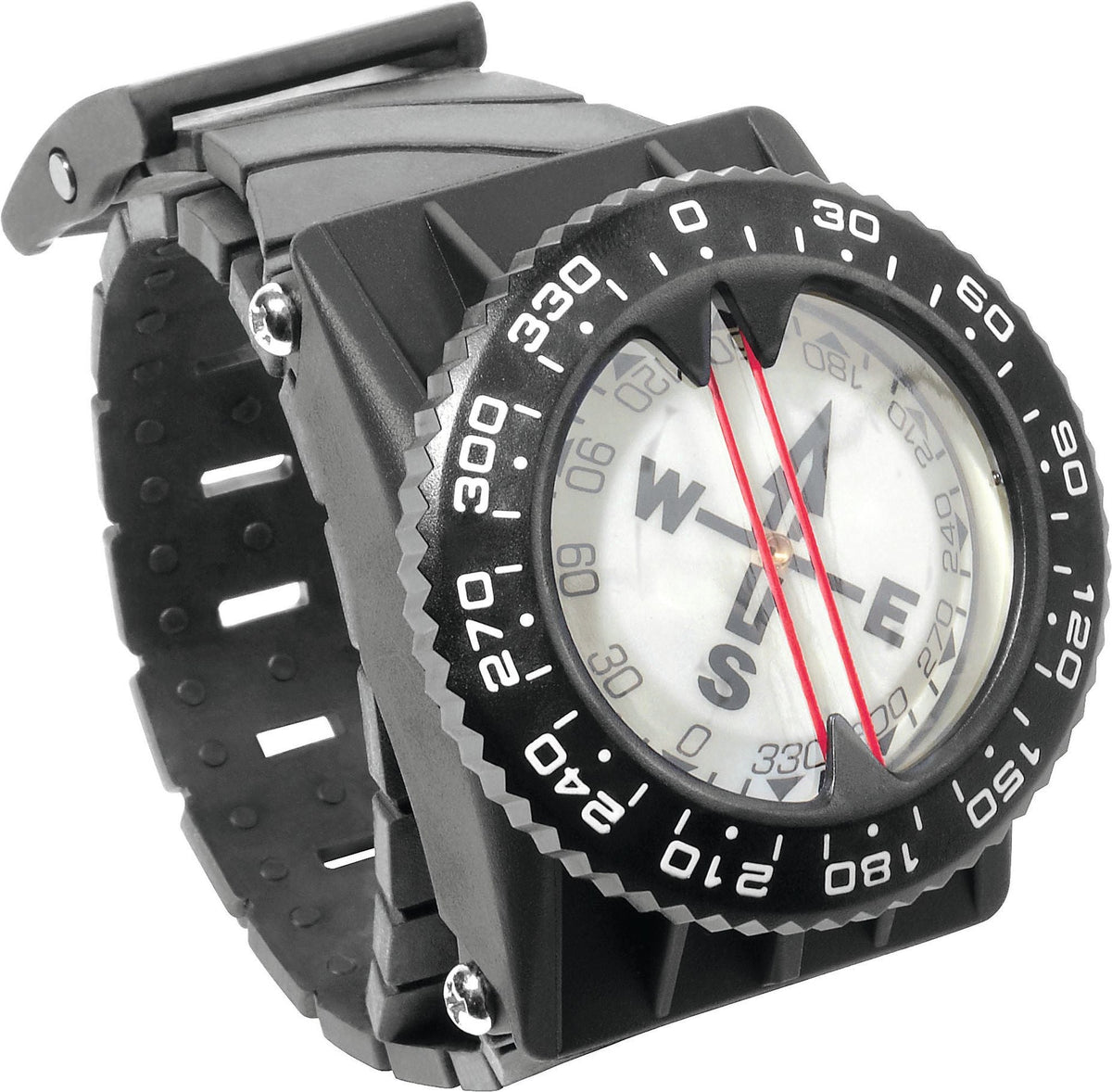 Cressi dive compass mounted on a wrist strap, bezel and lubber line facing up