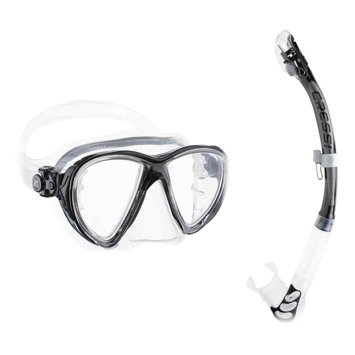 Cressi Big Eyes Evolution mask in clear with black and Alpha Ultra Dry snorkel in black and clear