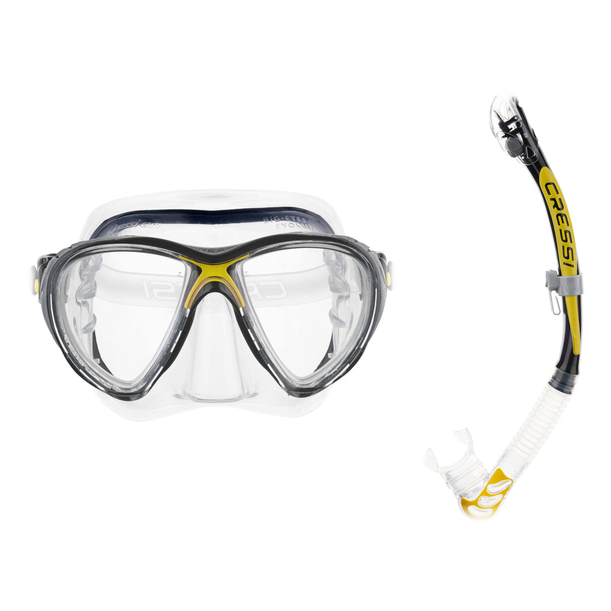 Cressi Big Eyes Evolution mask in black and Alpha Ultra Dry snorkel in black