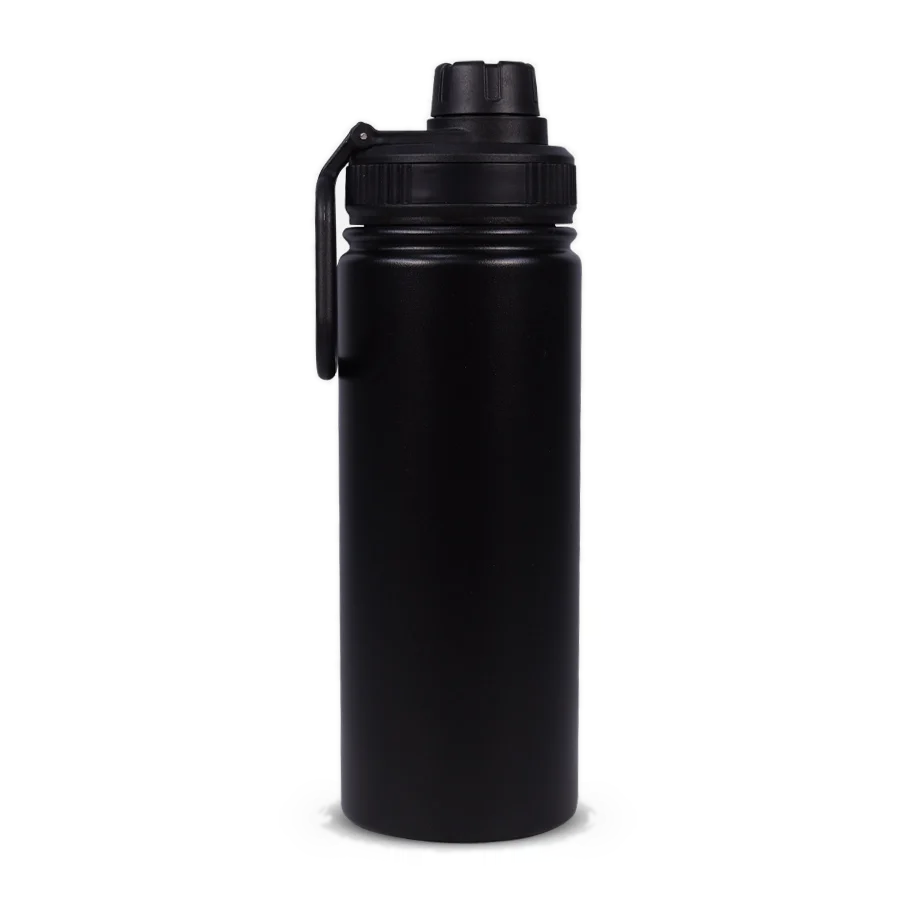 Black Fourth Element Gulper insulated water bottle with the logo printed on the body and the loop lid fitted