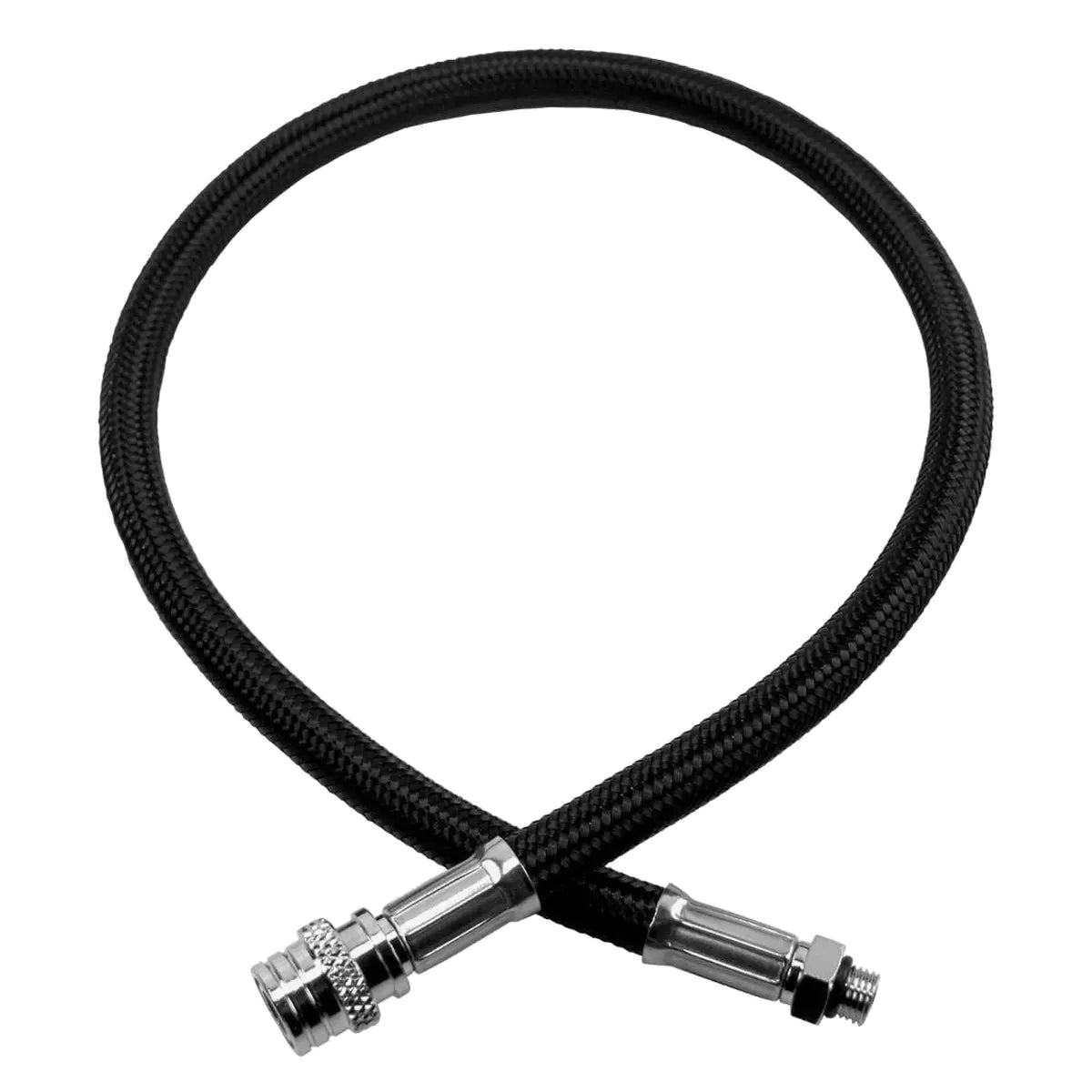 Aqua Lung braided low pressure inflator hose in black, coiled to show both chrome end fittings