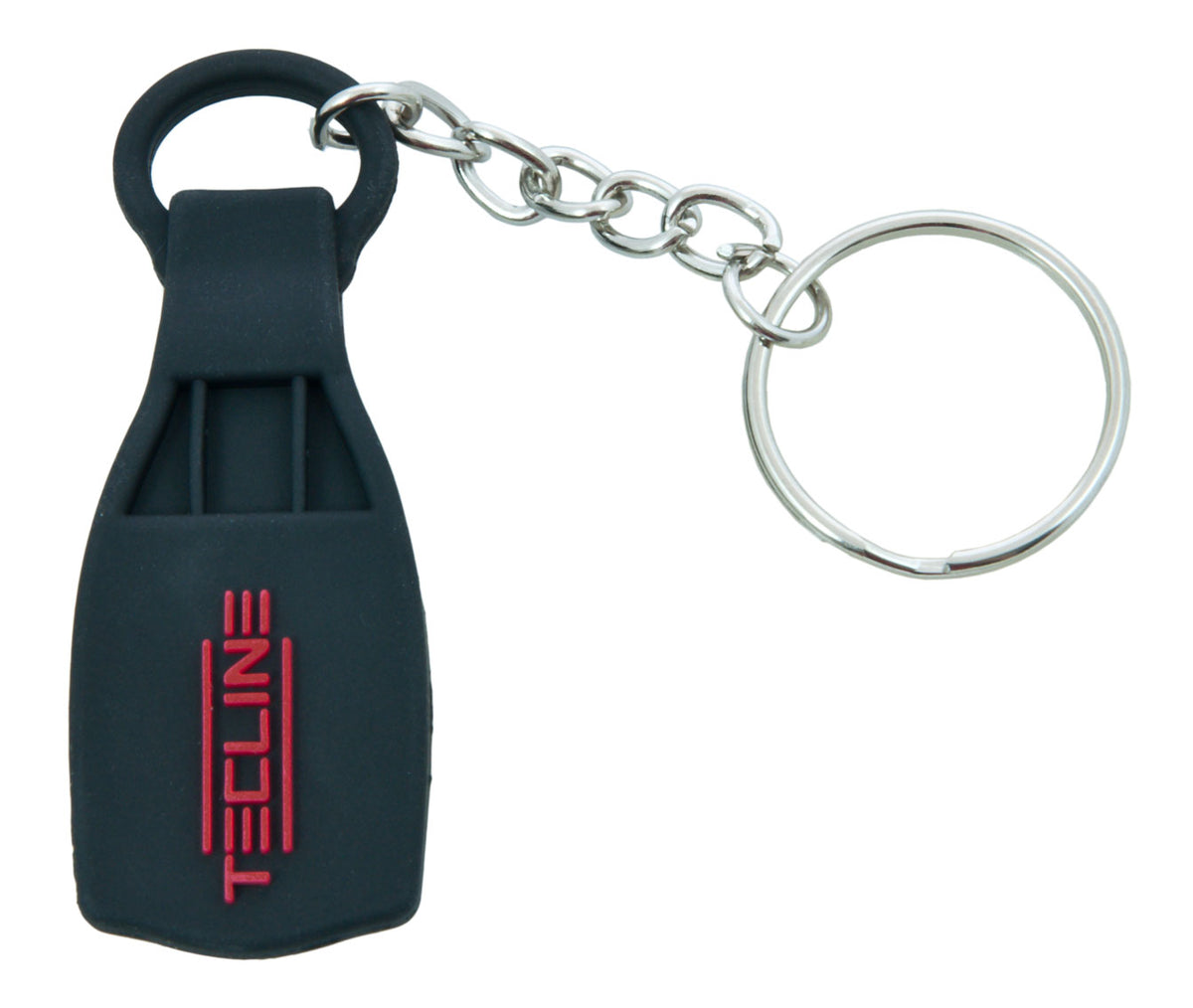Tecline PowerJet fin-shaped key chain in black with red TECLINE wordmark