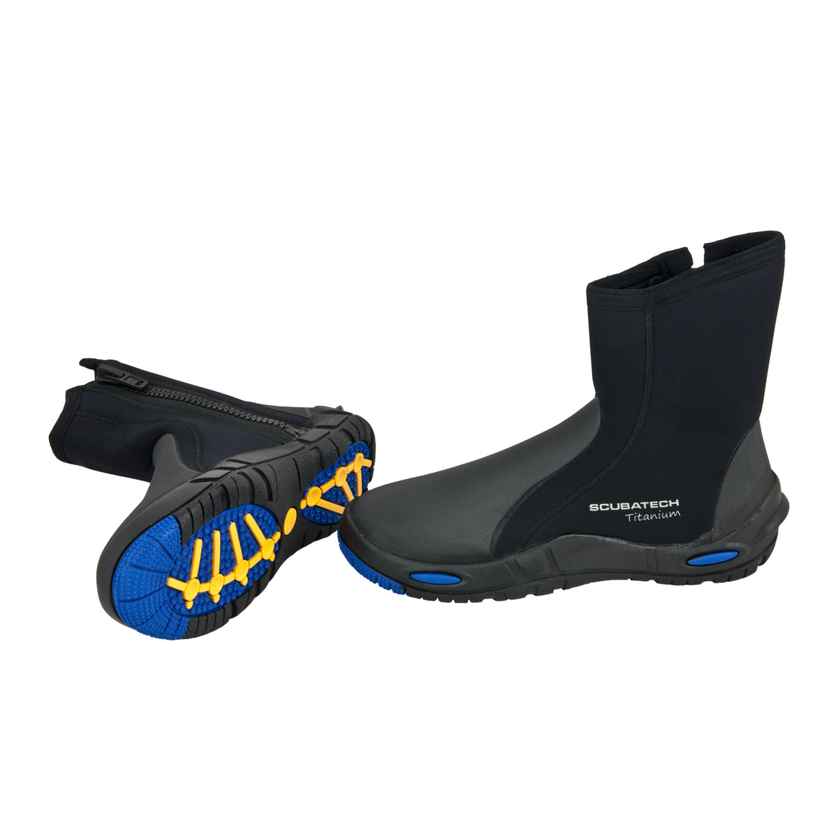 Scubatech Comfort Titanium 7 mm dive boots, one showing the patterned sole