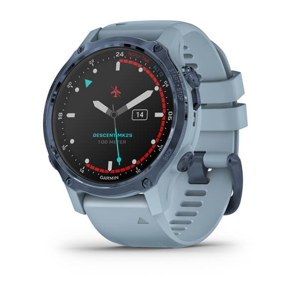 Garmin Descent Mk2S dive computer in mineral blue with sea foam silicone band, front view