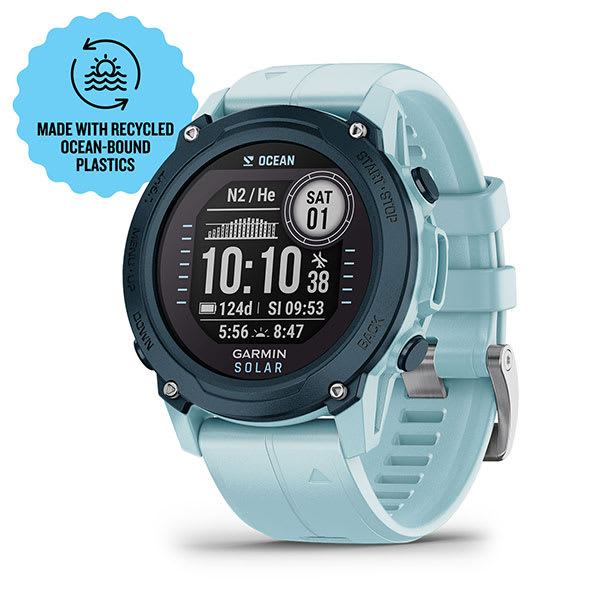 Garmin Descent G1 Solar Ocean Edition dive computer in azure, front view