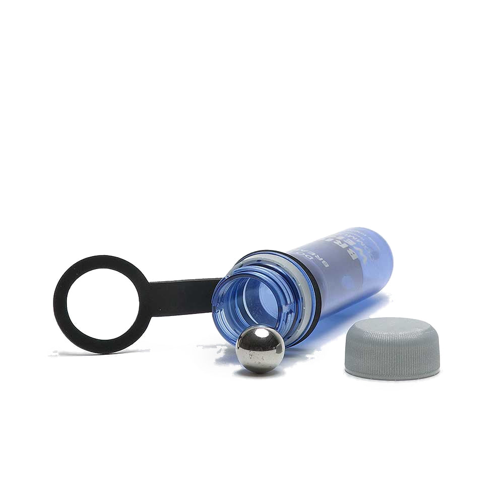 Two Bright Weights Communicator shakers in blue, showing the screw cap and o-ring seal