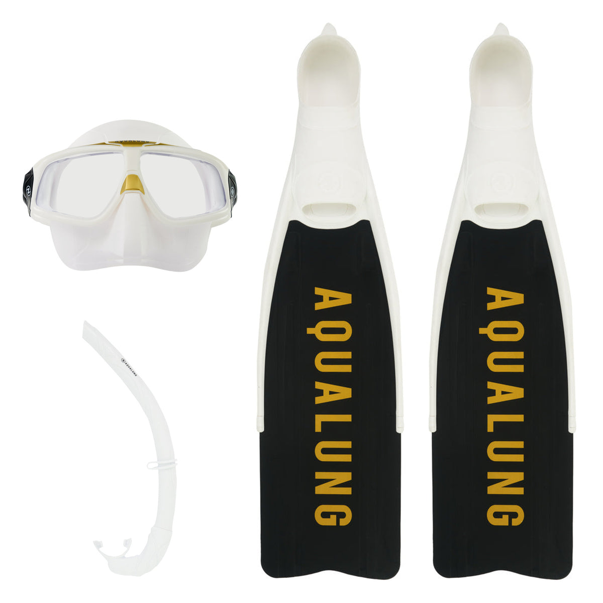 Aqua Lung Sphera X mask in white and gold with a blue mirror lens, Wrap snorkel in white and Cyclone X fins in white with black blades