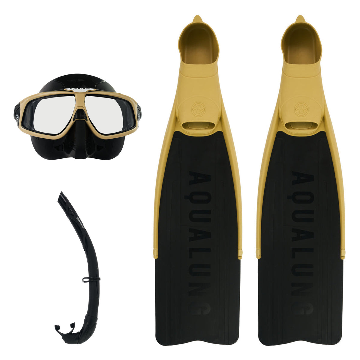 Aqua Lung Sphera X mask in black and sand, Wrap snorkel in black and Cyclone X fins in sand with black blades