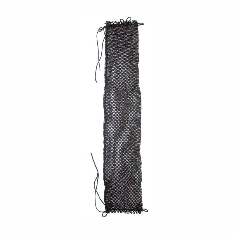 Black mesh cylinder net laid flat, with a drawcord threaded through each end