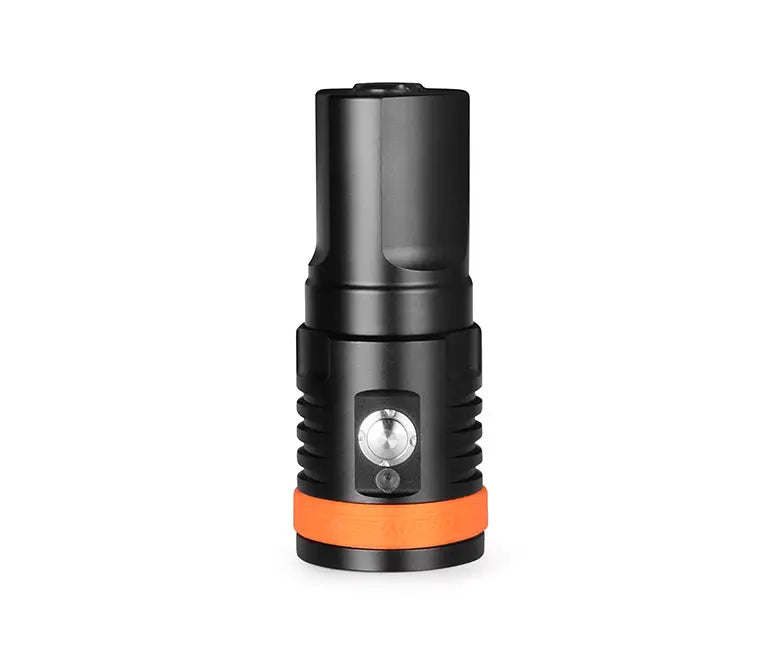 OrcaTorch D910V video light standing upright, showing the titanium switch