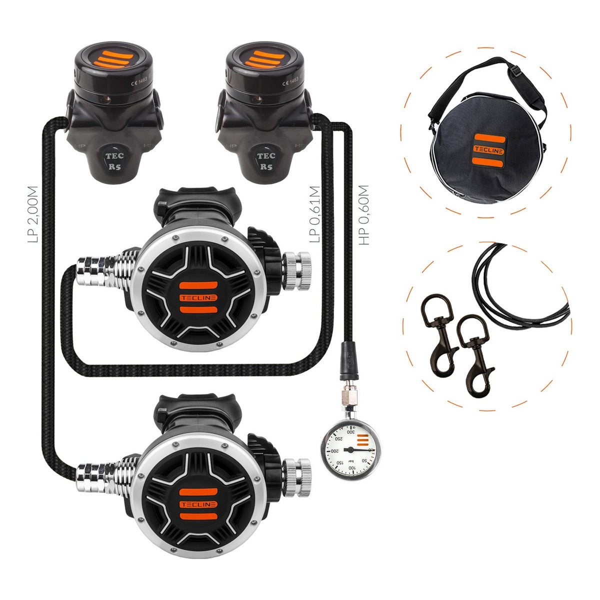 Tecline R5 TEC1 DIR set: two black chrome first stages and two TEC1 second stages