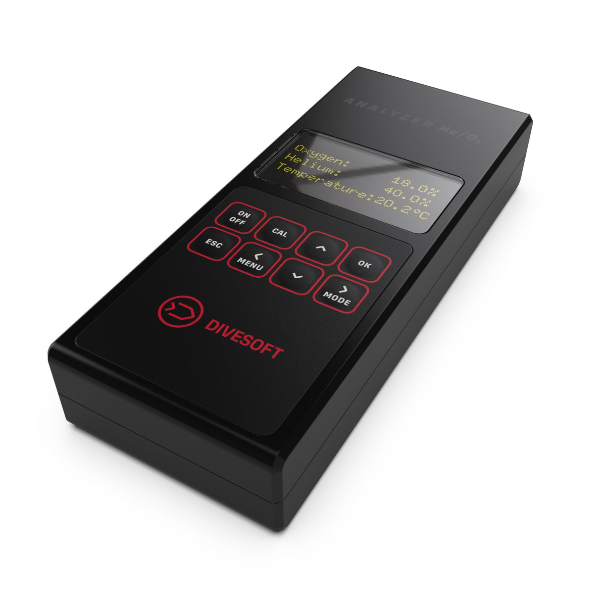 Divesoft He/O2 analyser showing oxygen, helium and temperature on the OLED display