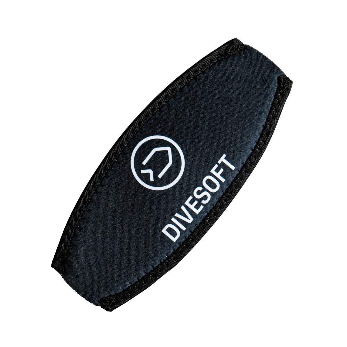 Divesoft neoprene mask strap cover, black side with white logo