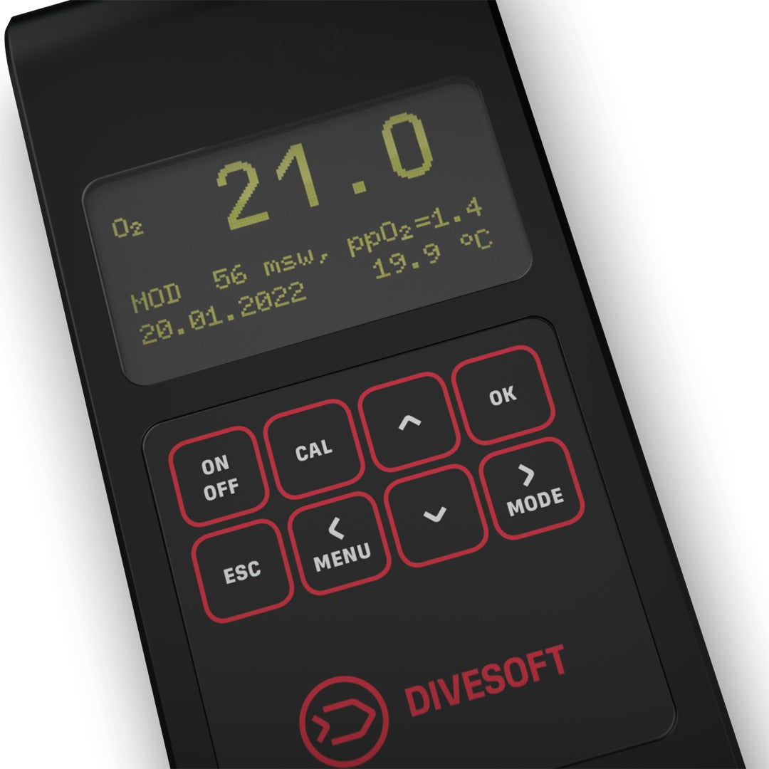 Divesoft SOLO O2 oxygen analyser with OLED screen and red keypad