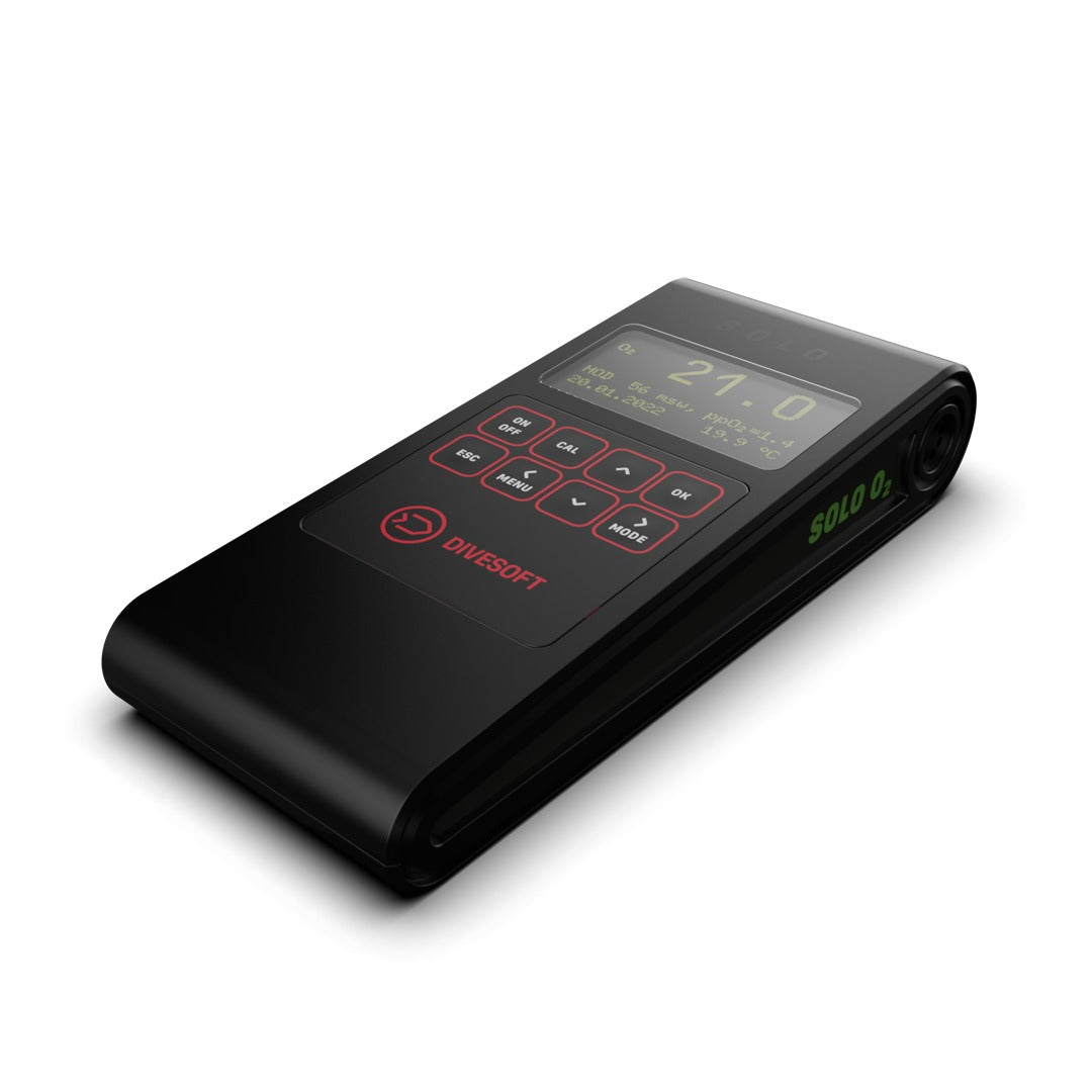 Divesoft SOLO O2 oxygen analyser with OLED screen and red keypad