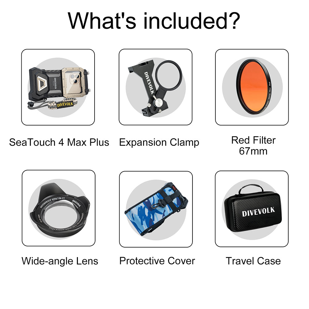 Divevolk SeaTouch 4 Max Plus Ocean Kit housing with wide-angle lens fitted and red filter