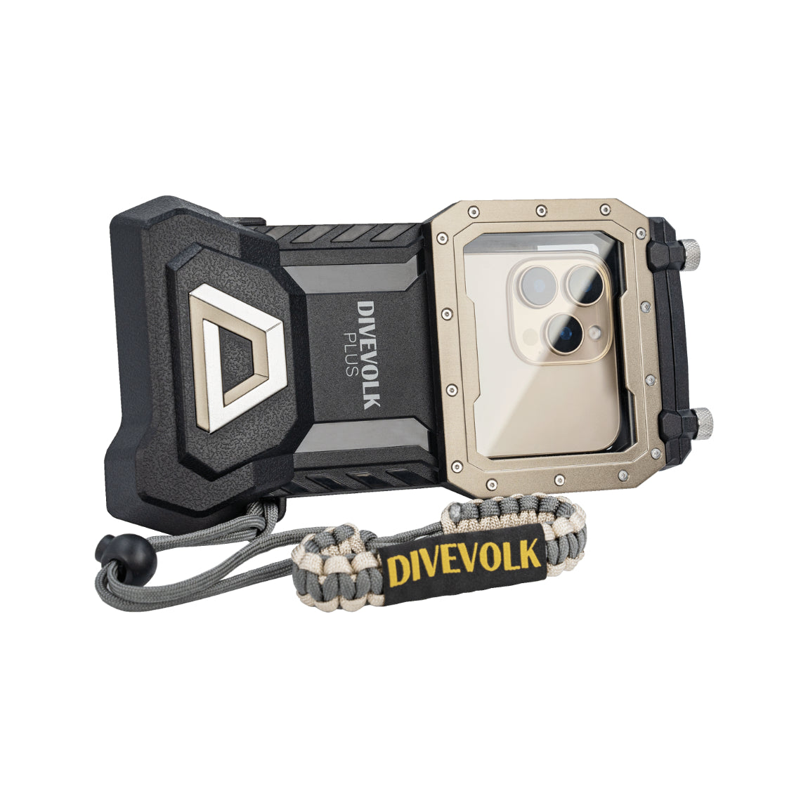 Divevolk SeaTouch 4 Max Plus underwater phone housing in black with lanyard, front view