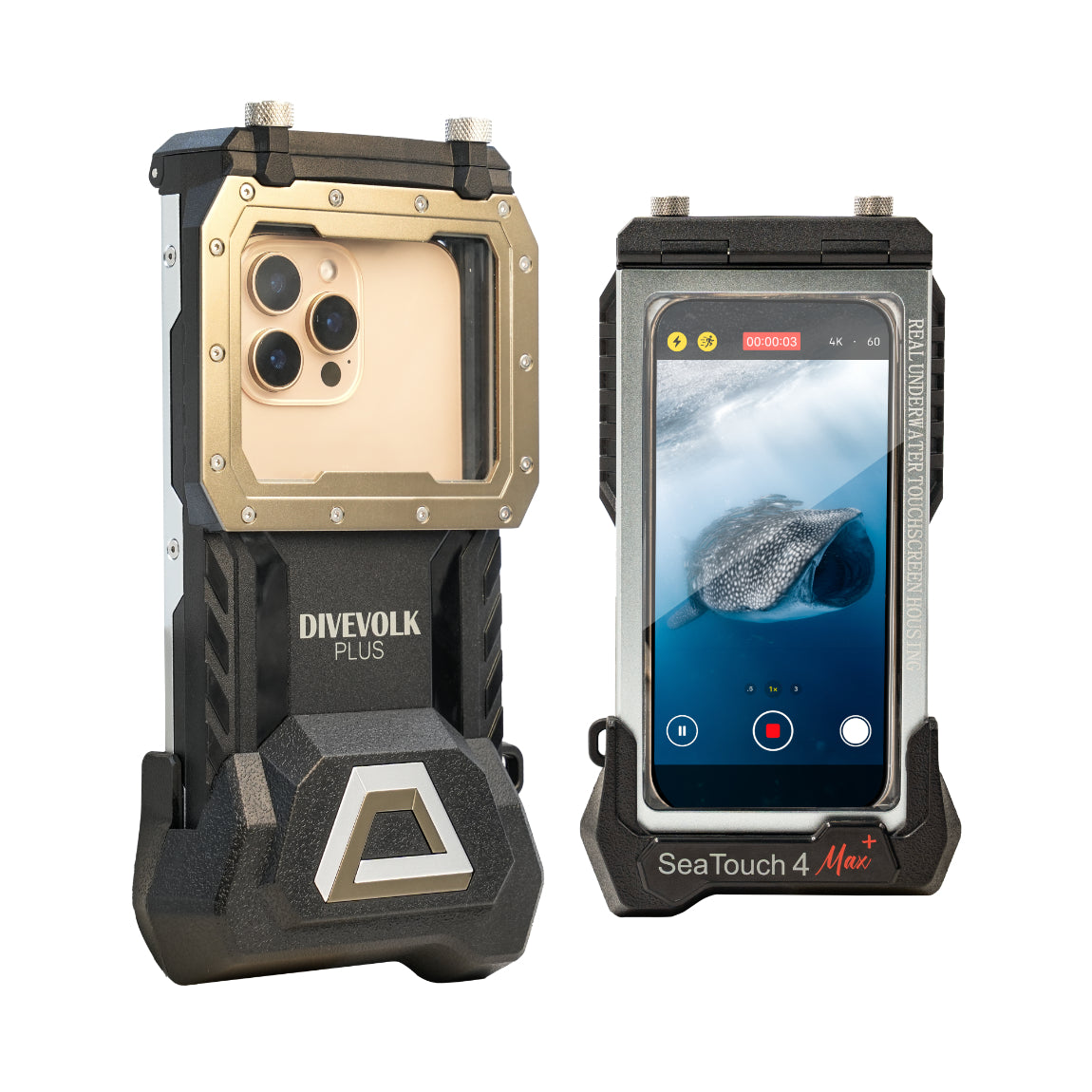 Divevolk SeaTouch 4 Max Plus underwater phone housing in black with lanyard, front view