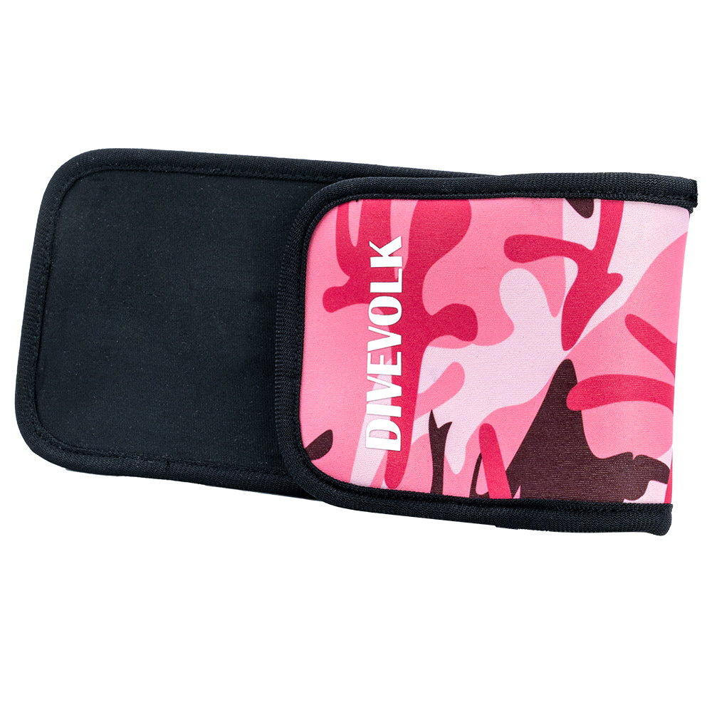 Divevolk camo pink protective cover, logo side with Velcro flap