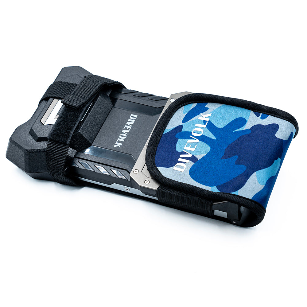 Divevolk camouflage protective cover in camo blue fitted to a SeaTouch housing