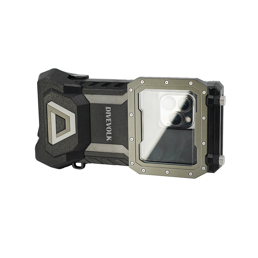 Glass protective film being pressed onto a Divevolk SeaTouch 4 Max housing