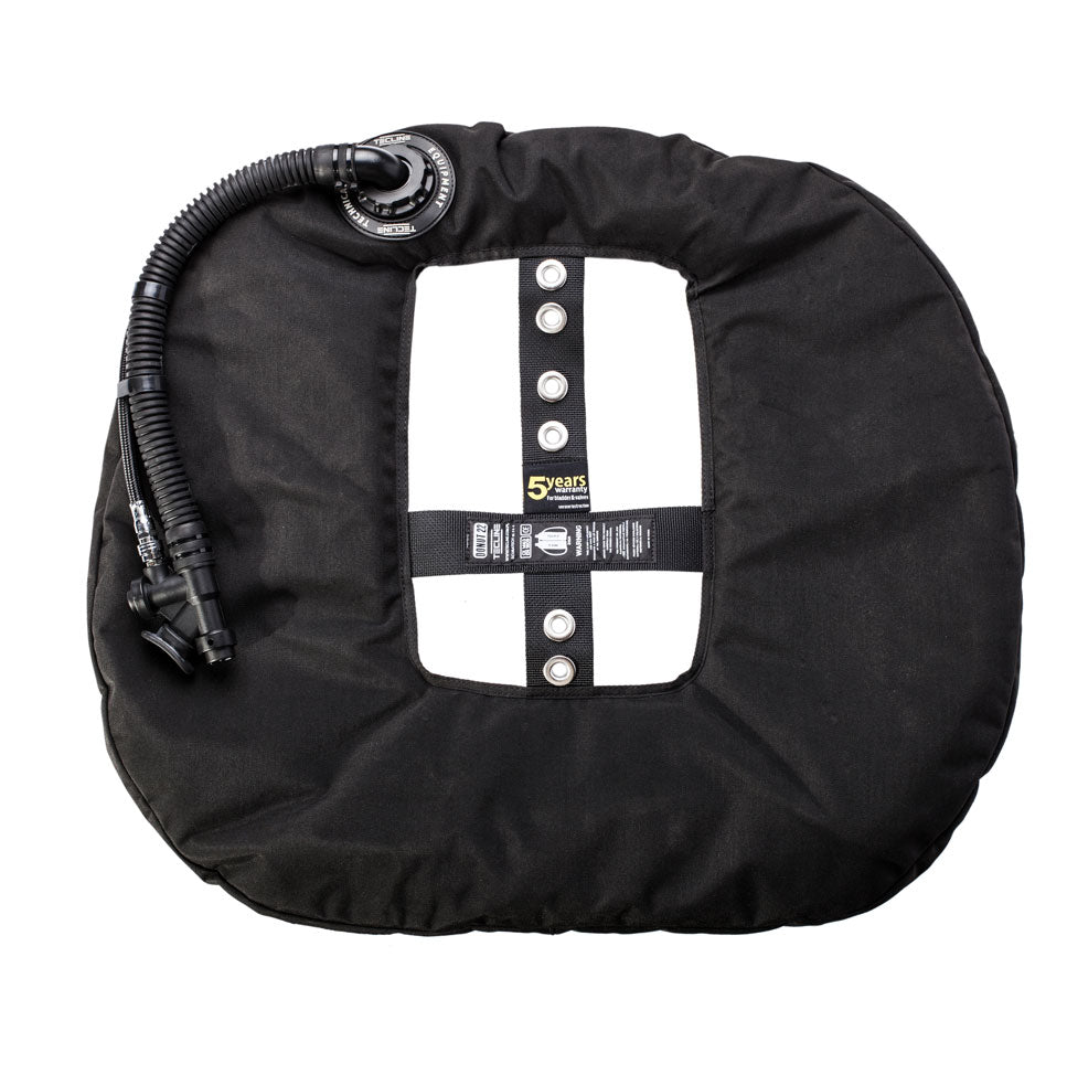 Tecline Donut 22 Special Edition Rebreather II wing in black, front view with the inflator
