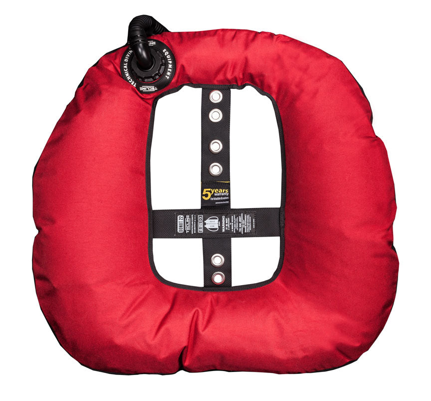 Tecline Donut 22 Special Edition Rebreather II wing in black, front view with the inflator