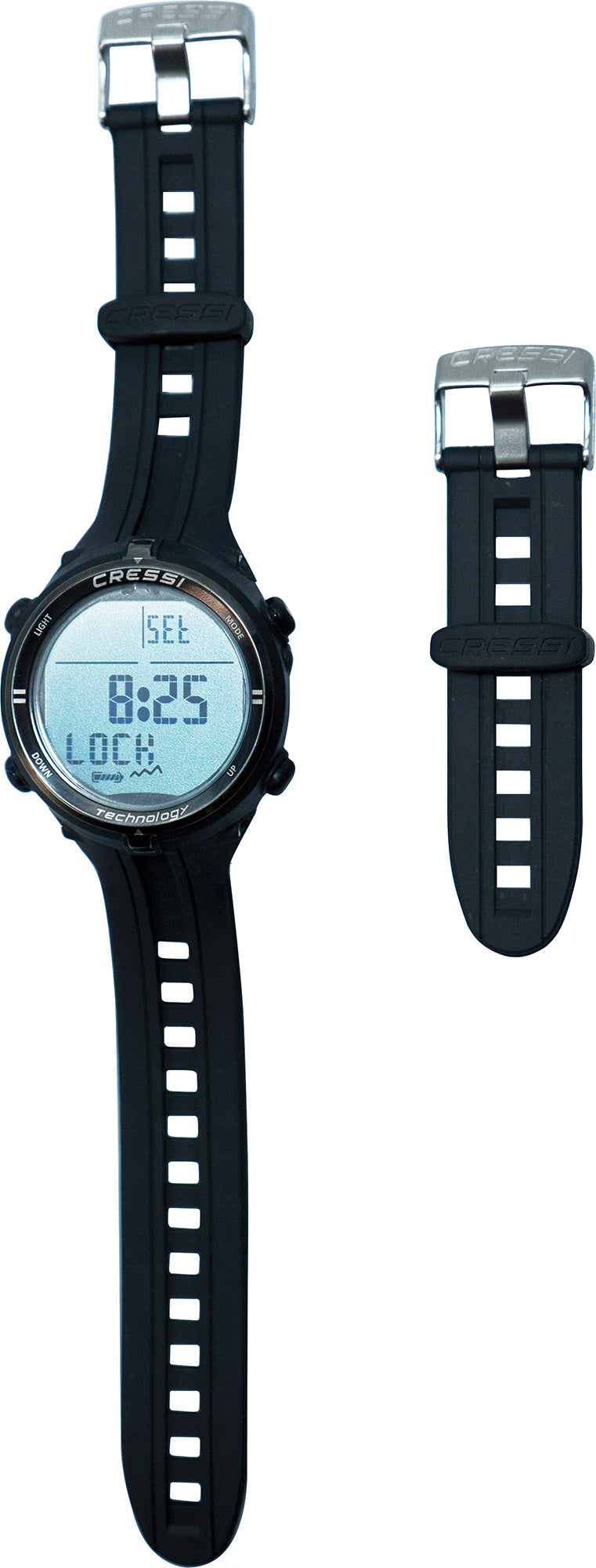 Black rubber strap extender for Cressi dive watches with its steel buckle