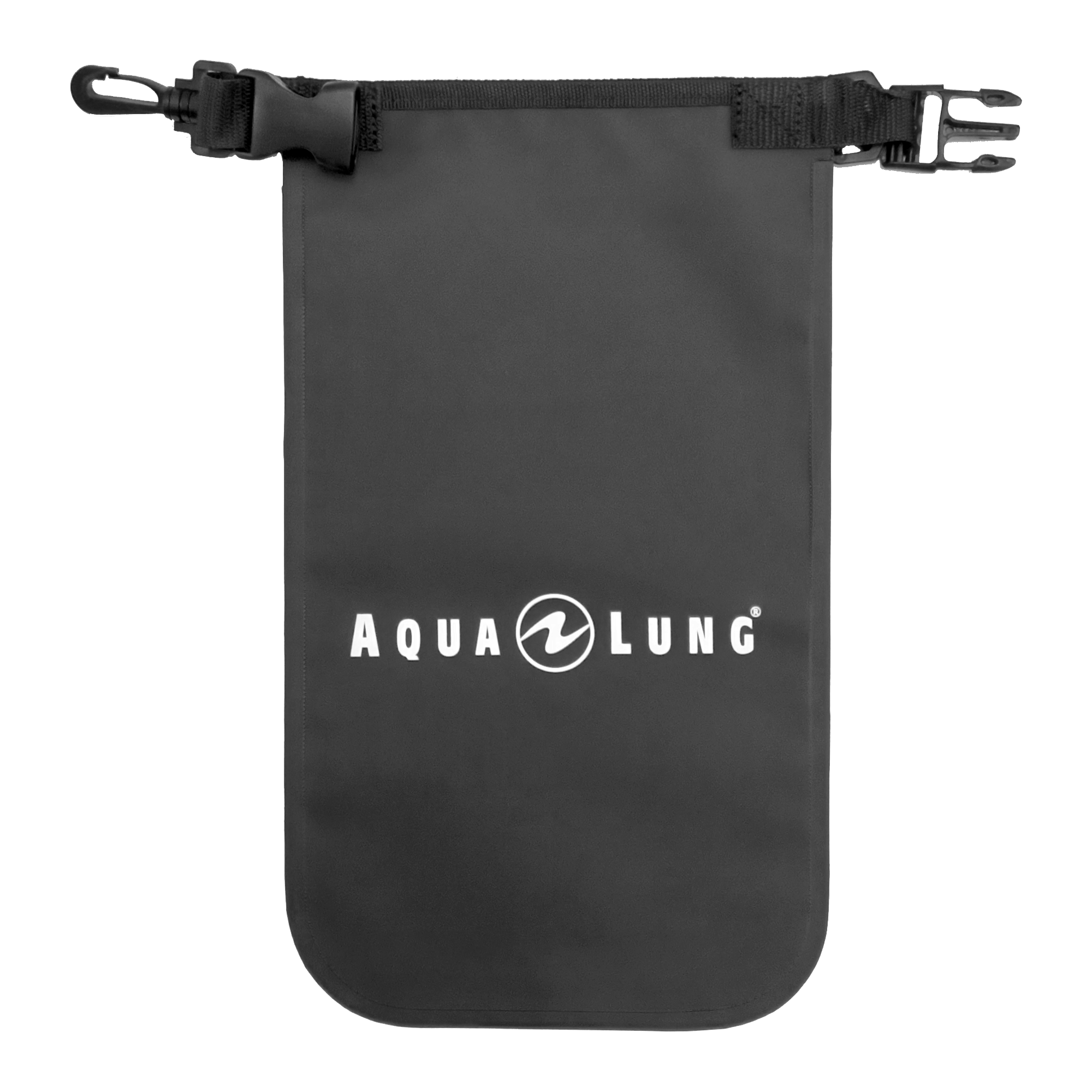Aqua Lung roll-top dry bag in grey tarpaulin, shown rolled and clipped with the Aqualung name across the front