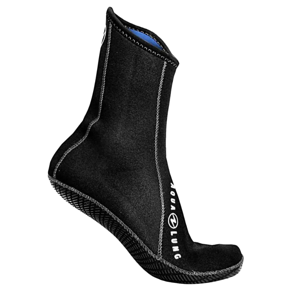 Aqua Lung Ergo 3 mm neoprene dive sock in black, side view showing the high top cut and the printed sole grip
