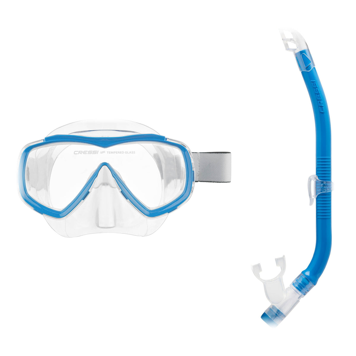 Cressi Estrella Junior mask in clear with a blue frame and Top snorkel in blue