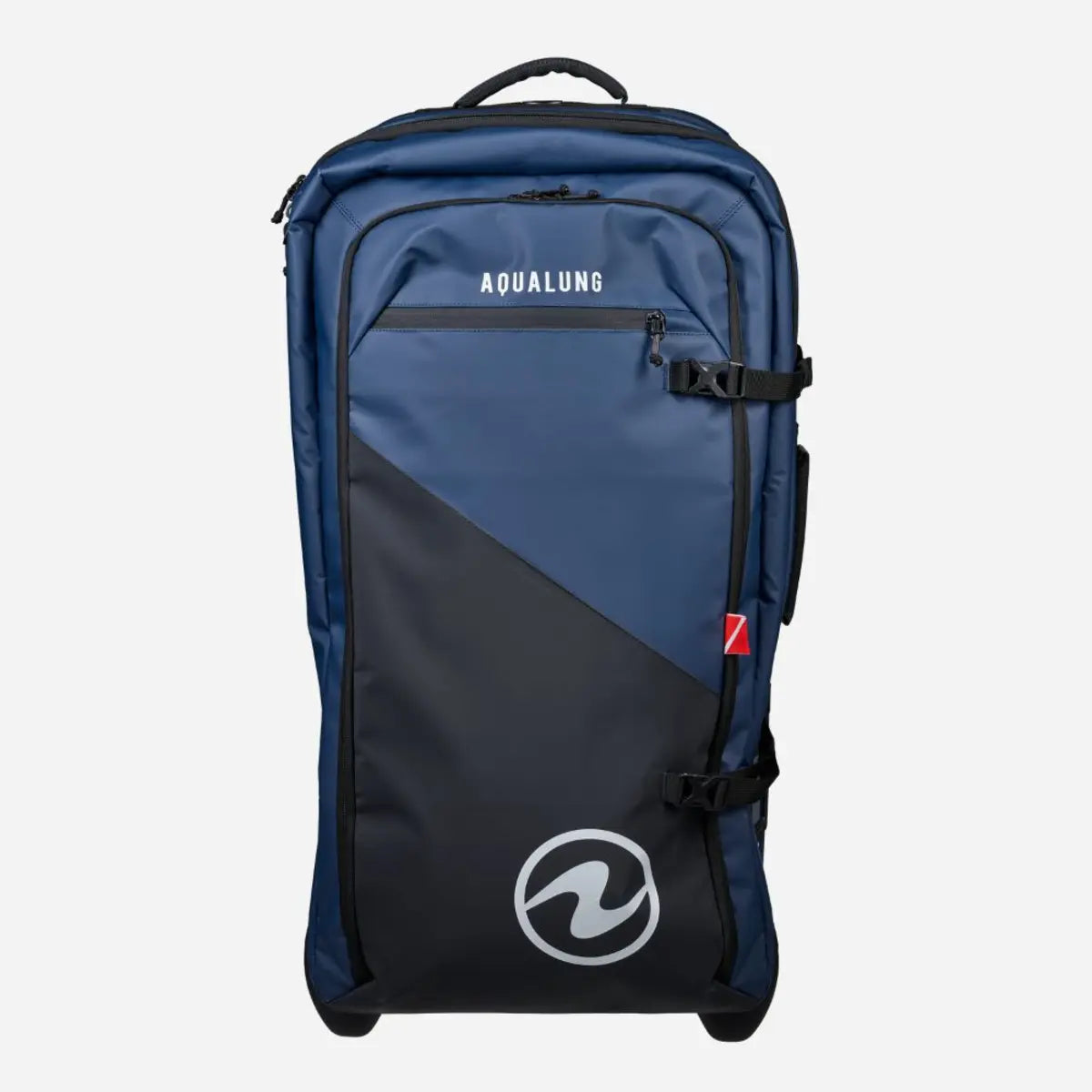 Aqua Lung Explorer 120L roller bag in navy, three-quarter view showing the wheels, compression straps and 120L marking