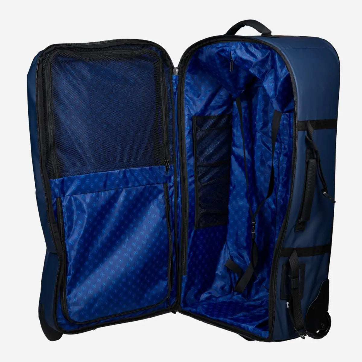 Aqua Lung Explorer 120L roller bag in navy, three-quarter view showing the wheels, compression straps and 120L marking