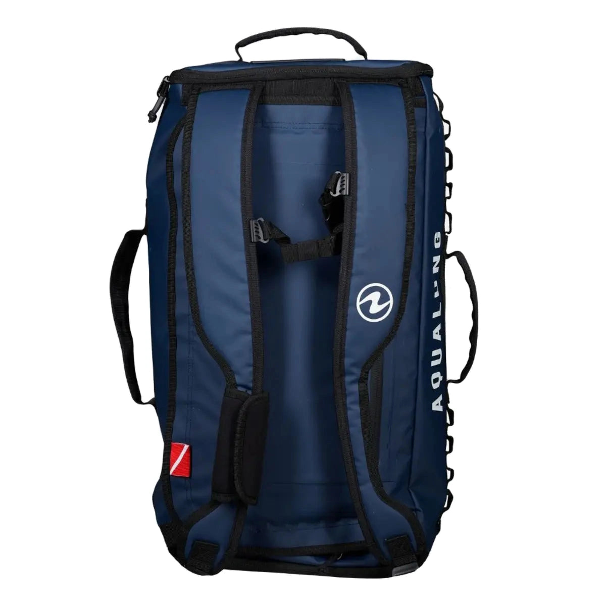Aqua Lung Explorer 45L dive bag in navy, back view showing the padded backpack harness and the daisy chain down the side