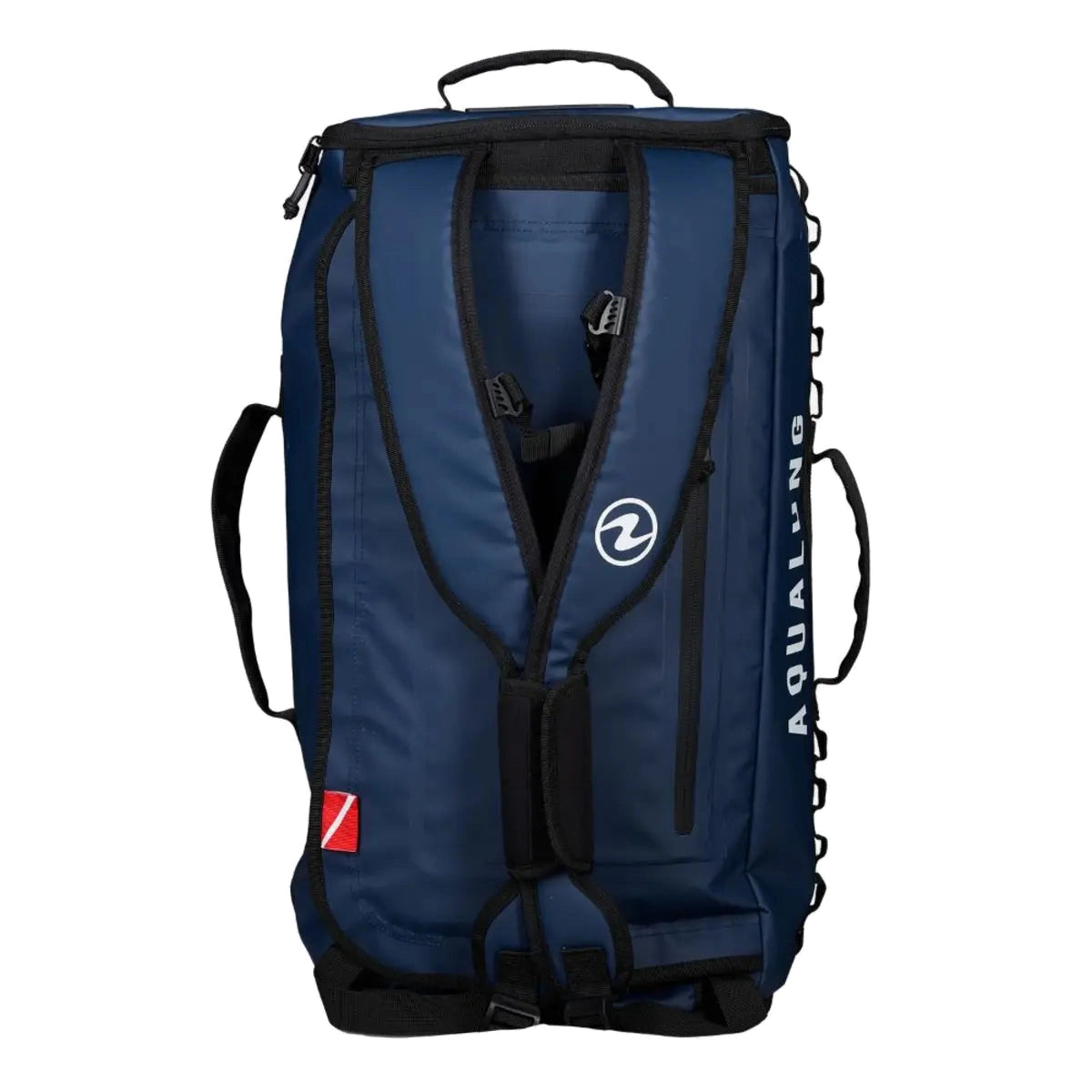 Aqua Lung Explorer 45L dive bag in navy, back view showing the padded backpack harness and the daisy chain down the side