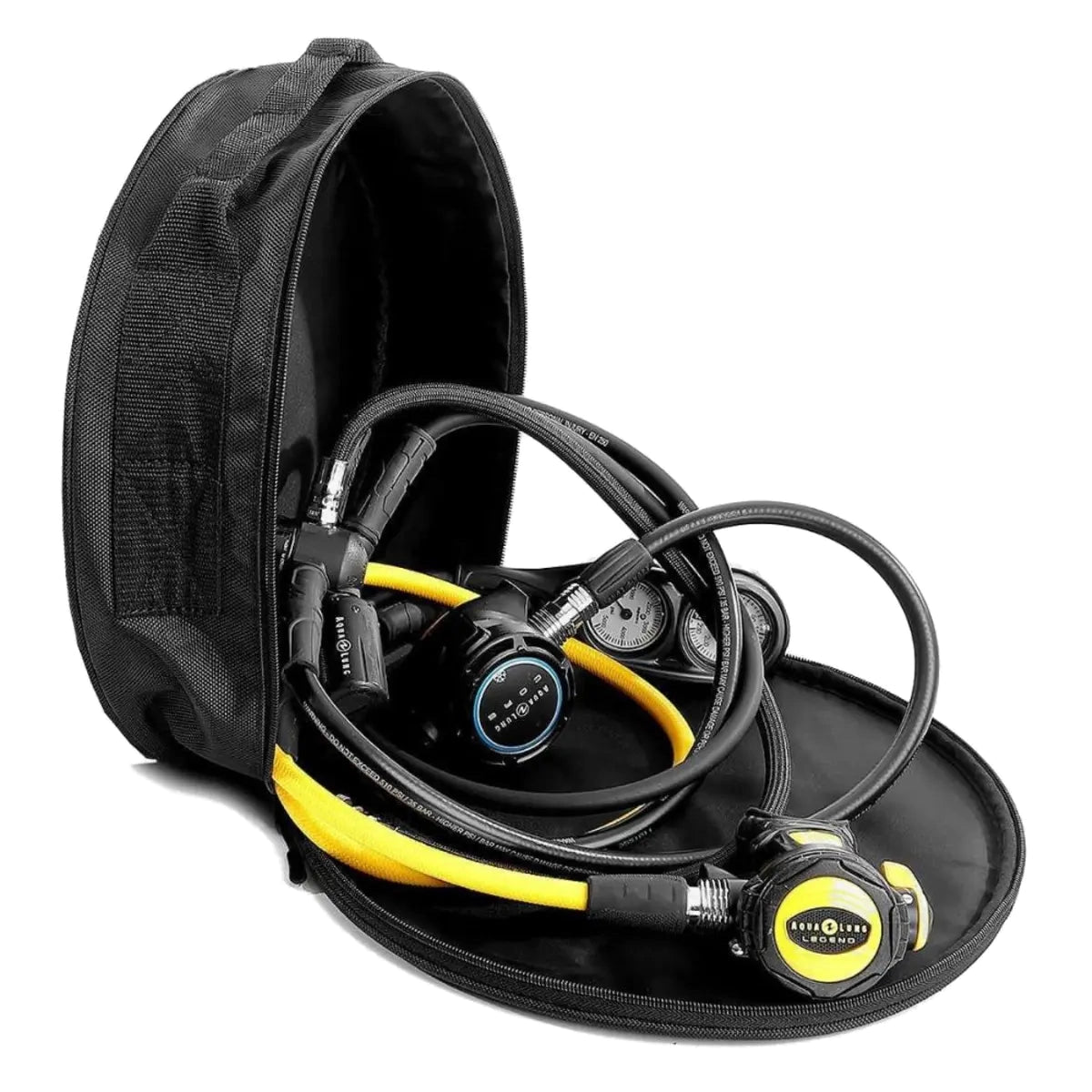 Aqua Lung Explorer II regulator bag, round black padded case shown closed with the carry handle on top