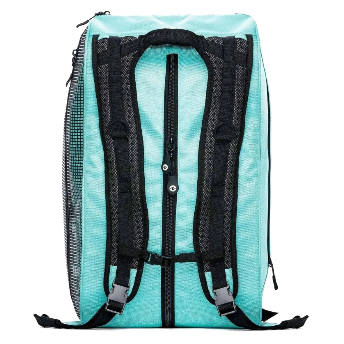Aqua Lung Explorer II duffle bag 46L in Glacier, back view with the padded shoulder straps and sternum strap deployed