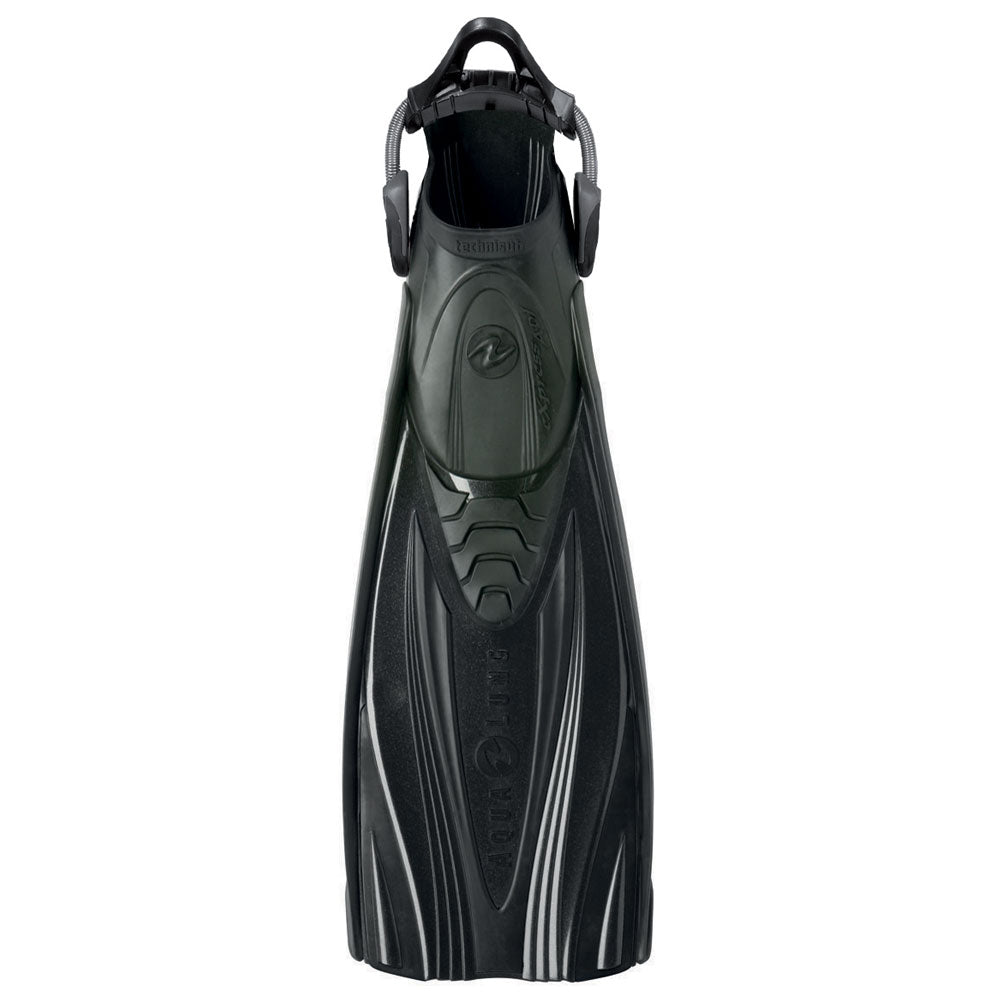 Aqua Lung Express ADJ open heel scuba fin in black, showing the adjustable strap and heel
